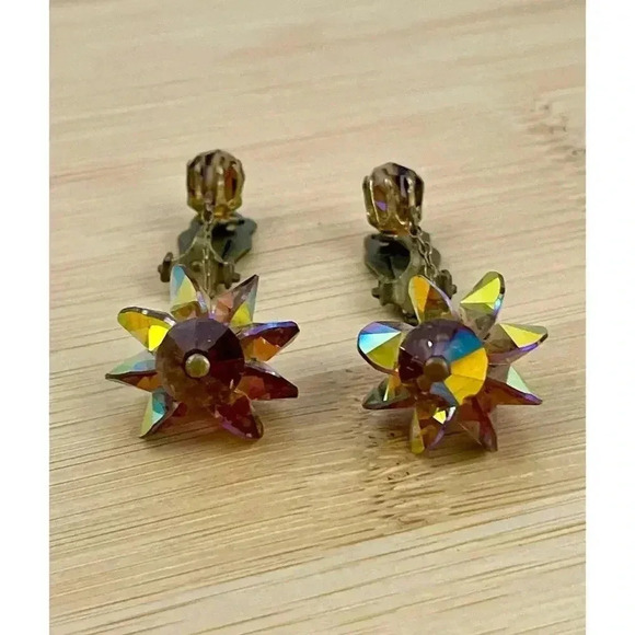 VTG Crystal Dangle Iridescent Clip on Earrings Bronze - Picture 9 of 13
